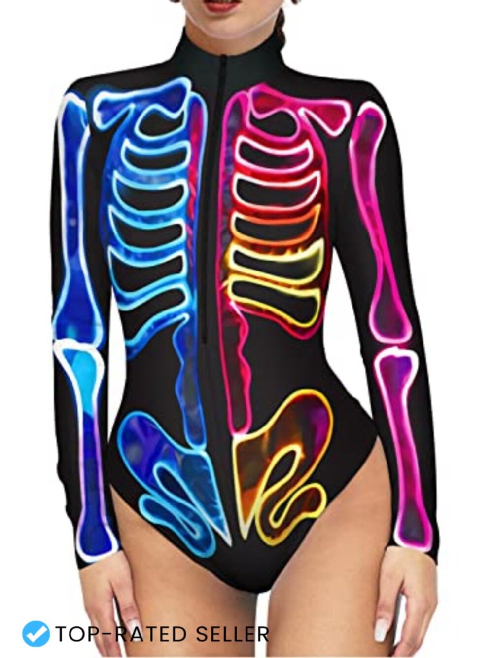 Women's Skeleton Jumpsuit Zip Up Halloween Bodysuit Long Sleeve One Piece